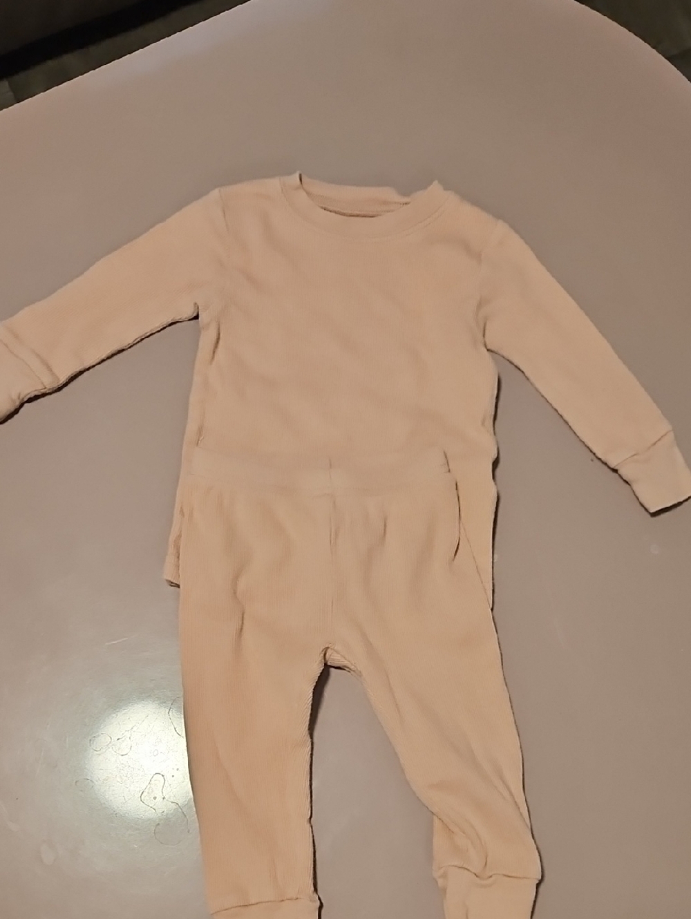 Kids Cream Ribbed Pajama Set - Long Sleeve Top & Matching Pants